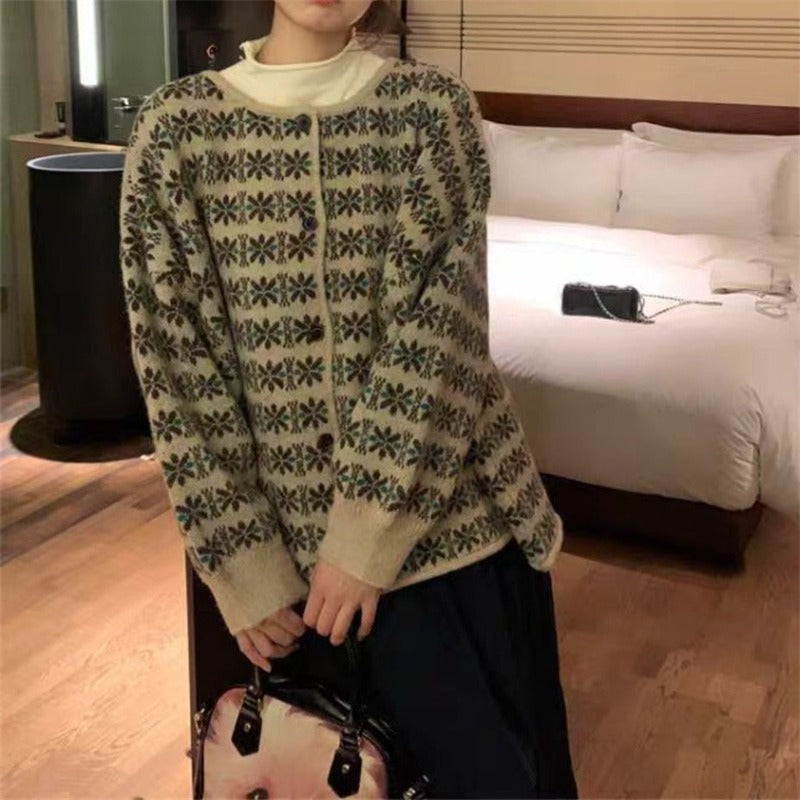 Damen Strickpullover mit floralen Jacquardmustern und bequemen Schnitt Drune