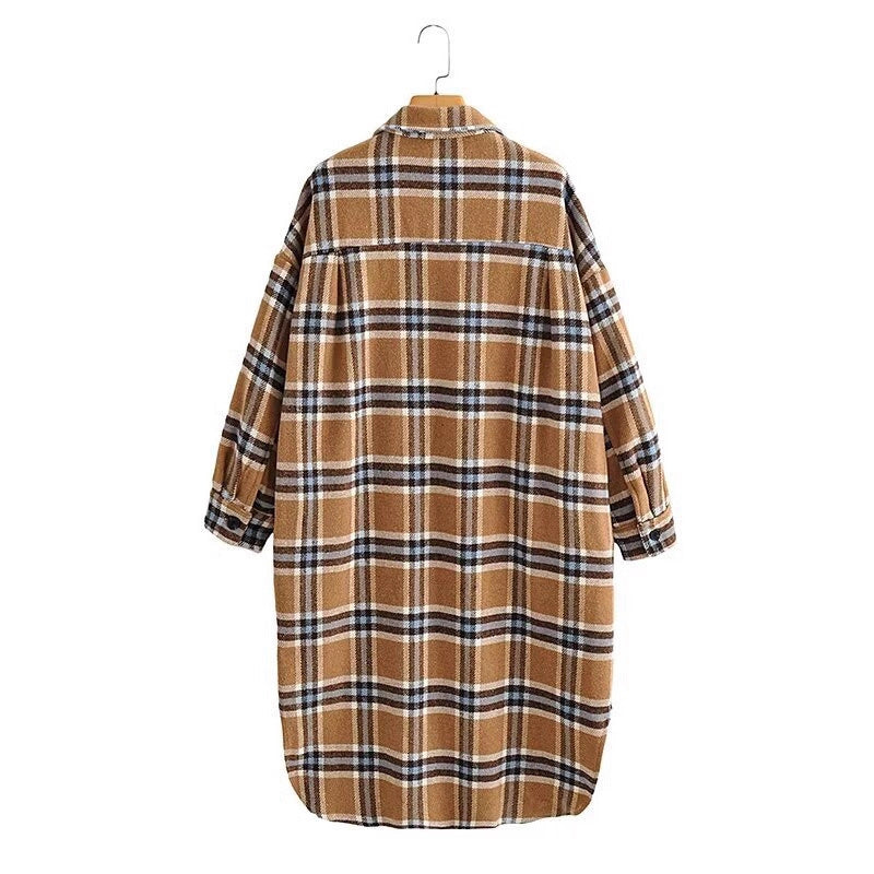 Damen Oversize Karo-Hemdjacke im Longline-Cut mit aufgesetzten Brusttaschen Drune