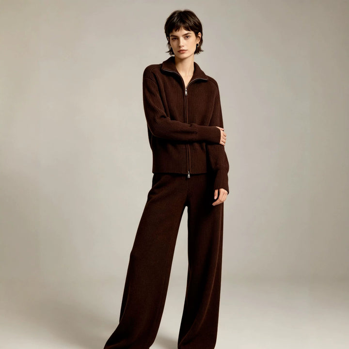 Damen Feinstrukturiertes Strick-Set mit Zipp-Cardigan und weiter Hose Drune