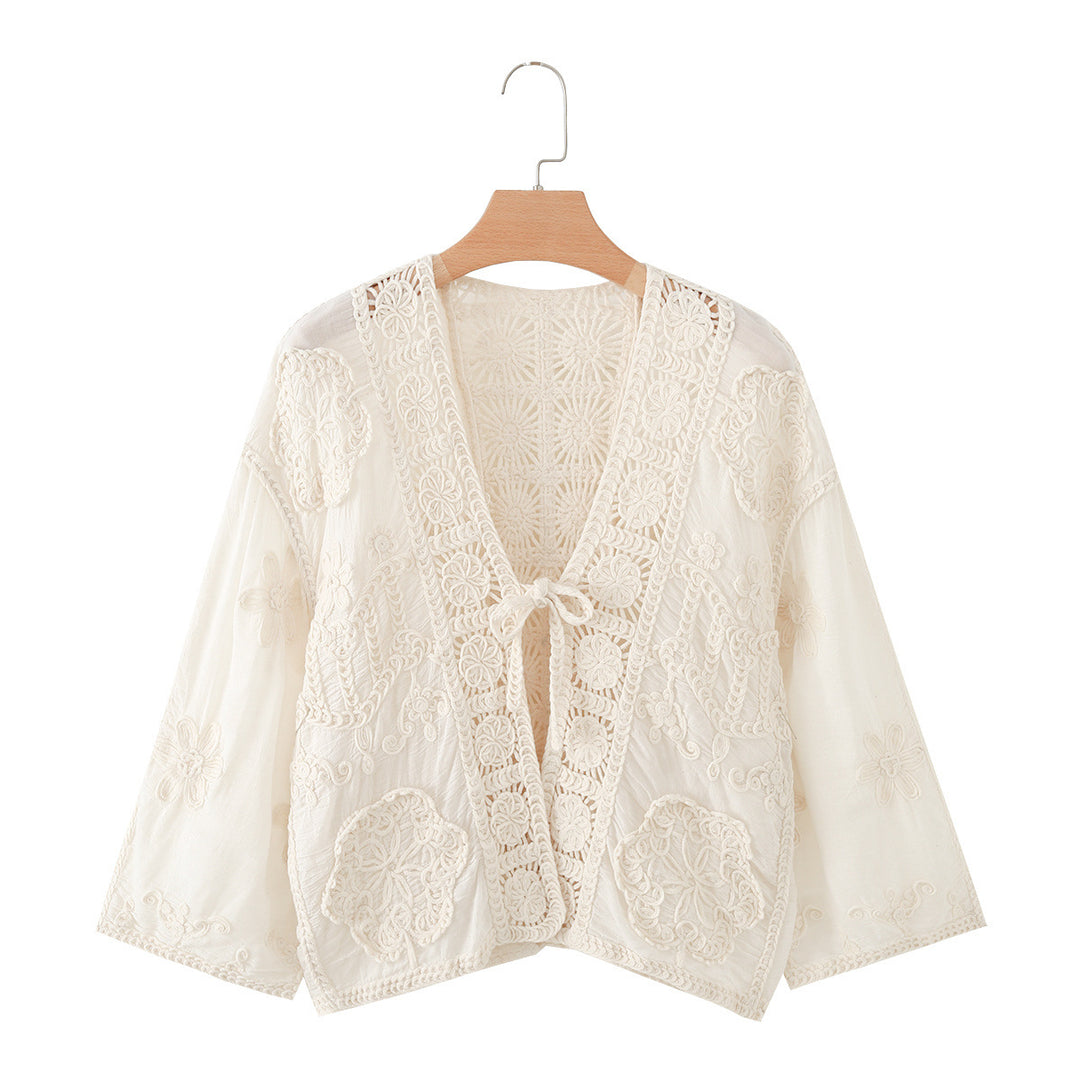 Damen Kurze Häkel- und Stickjacke im Boho-Kimono-Stil mit Bindeband Drune