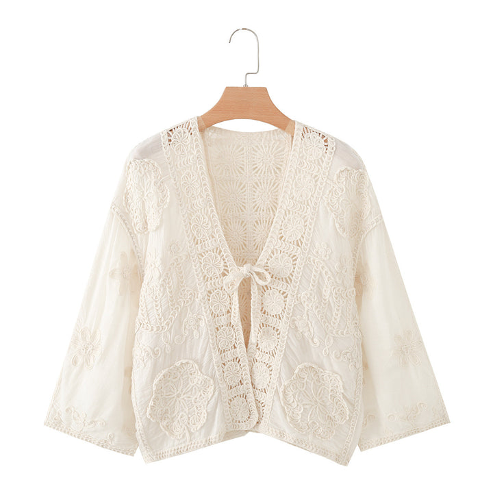 Damen Kurze Häkel- und Stickjacke im Boho-Kimono-Stil mit Bindeband Drune
