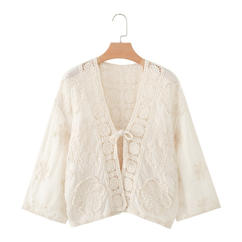 Damen Kurze Häkel- und Stickjacke im Boho-Kimono-Stil mit Bindeband Drune