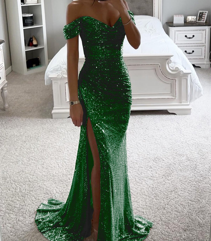 Damen Glamouröses Abendkleid mit schulterfreiem Schnitt und schimmerndem Stoff Drune