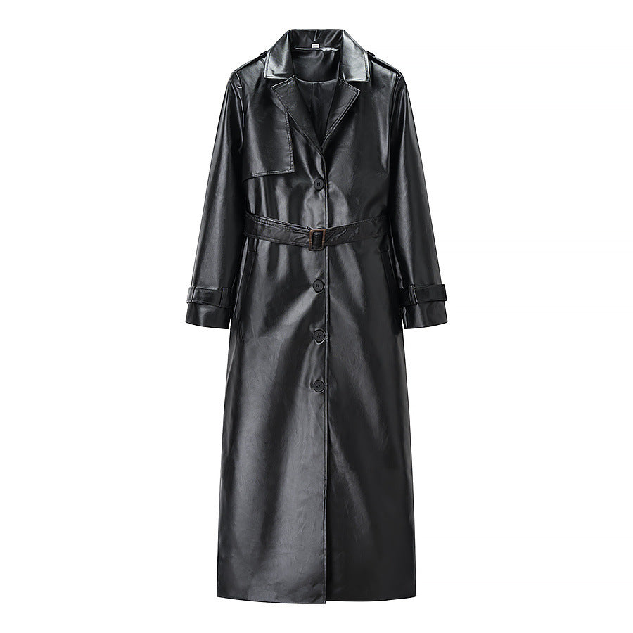 Damen nan langer veganer Trenchcoat aus Lederimitat mit Taillengürtel und Epauletten Drune