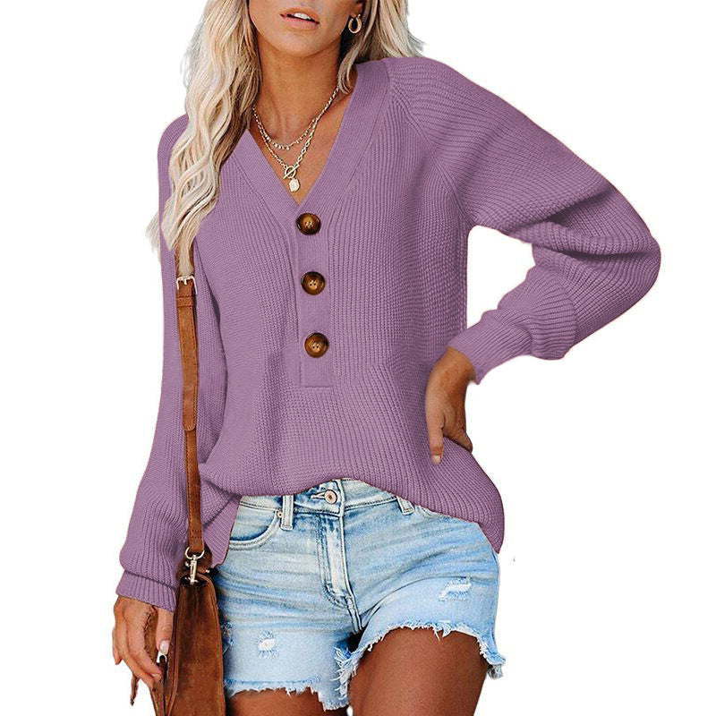 Damen Gerippter Strickpullover mit V‑Ausschnitt, Zierknopfleiste und Ballonärmeln Drune