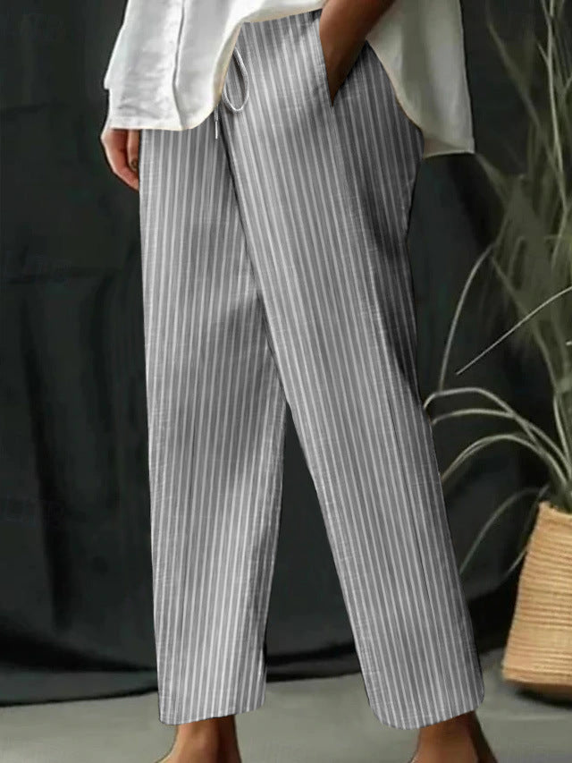Damen gestreifte Leinen-Optik-Hose mit hohem Bund, Kordelzug und geradem, cropped Schnitt Drune
