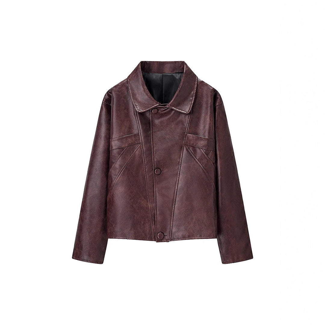 Damen Kurzer Boxy‑Lederimitat‑Blouson mit geometrischen Nahtdetails und Hemdkragen Drune