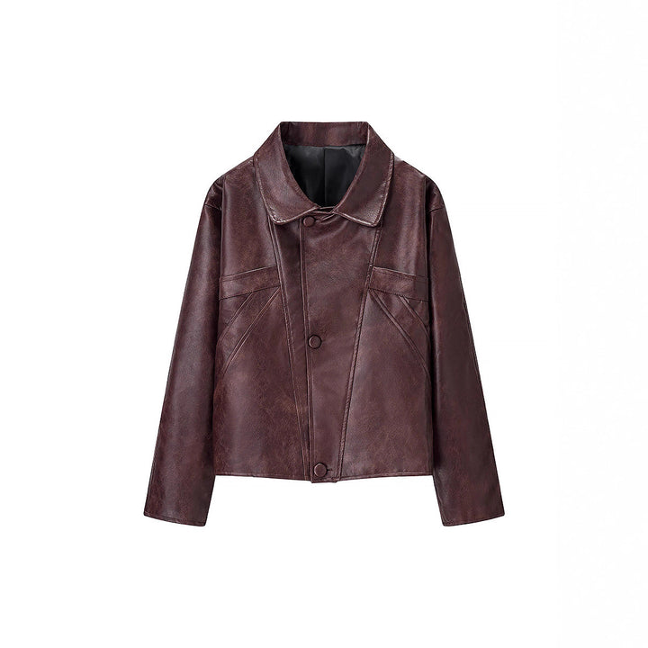 Damen Kurzer Boxy‑Lederimitat‑Blouson mit geometrischen Nahtdetails und Hemdkragen Drune
