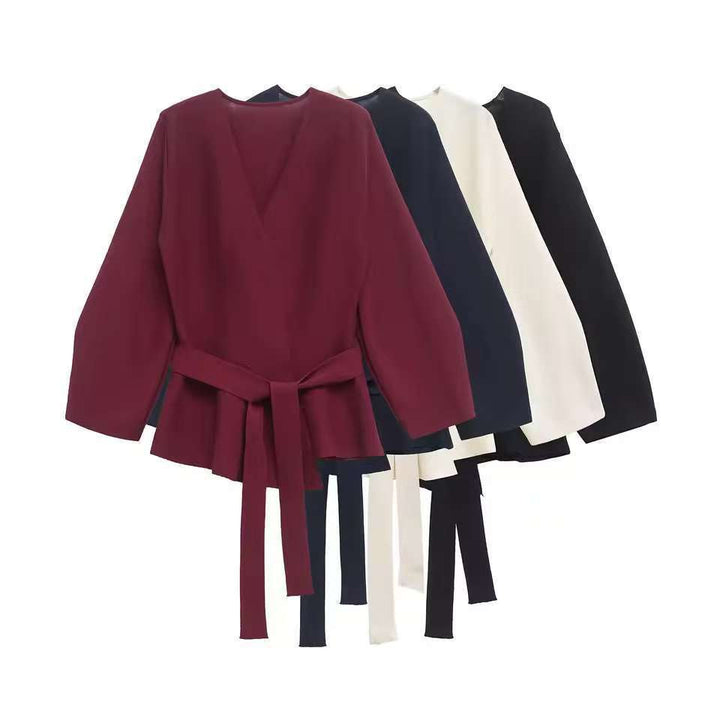 Damen Taillierte Bluse mit Wickelgürtel und Schößchen Drune