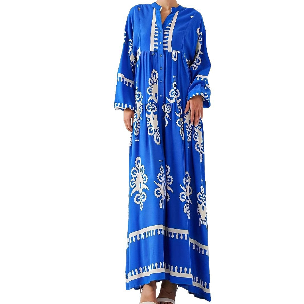 Damen langes Kaftankleid mit floralen Akzenten und Knopfleiste Drune