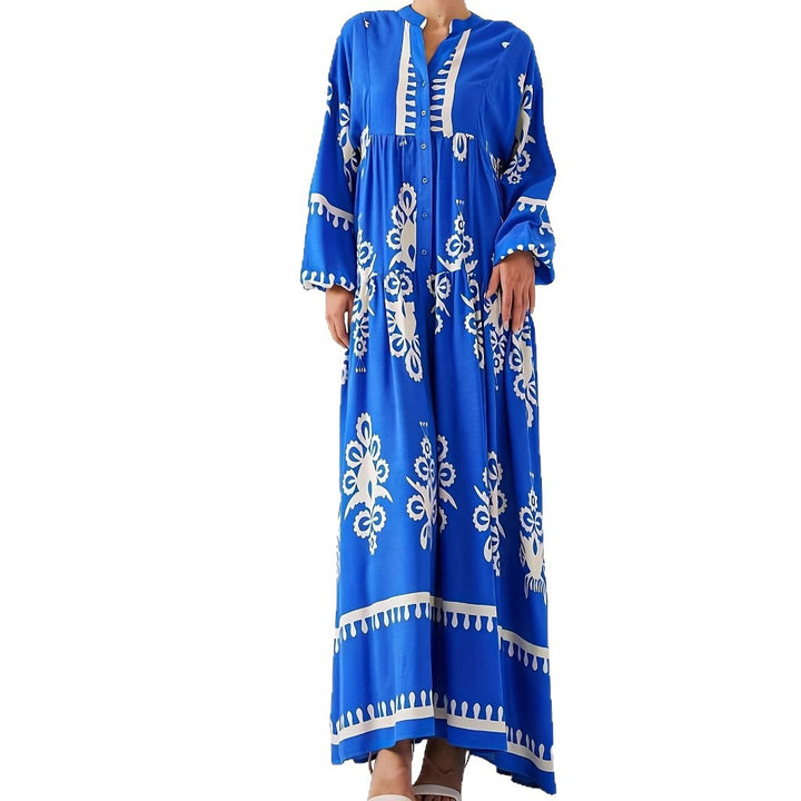 Damen langes Kaftankleid mit floralen Akzenten und Knopfleiste Drune