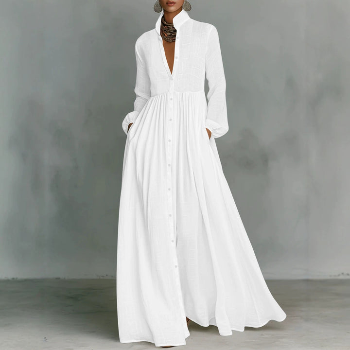 Damen Maxikleid mit Stehkragen, durchgehender Knopfleiste, taillenhoher Raffung und Eingrifftaschen Drune