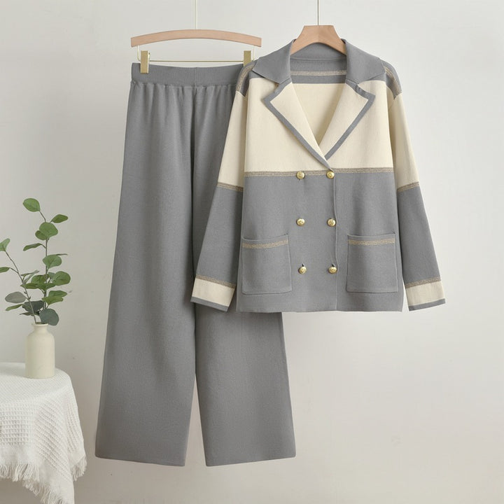 Damen elegantes und komfortables Freizeitanzug-Set mit doppelter Knopfleiste Drune