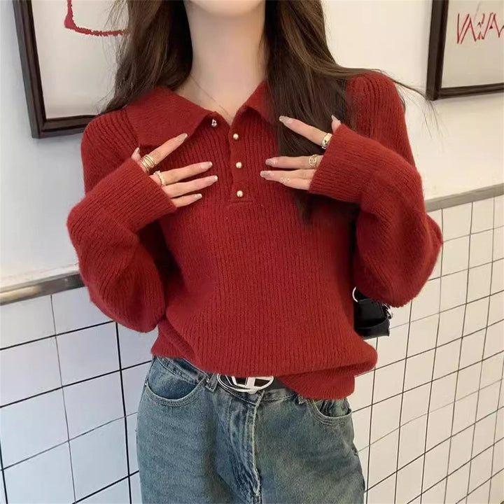 Damen Eleganter Polokragen Pullover aus weichem Strick Drune