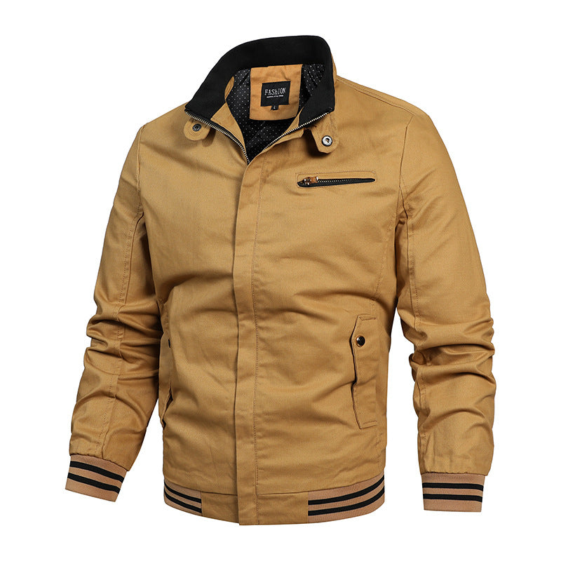 Herren nan moderne Canvas-Bomberjacke im Varsity-Stil mit gestreiften Rippbündchen und verdeckter Frontleiste Drune