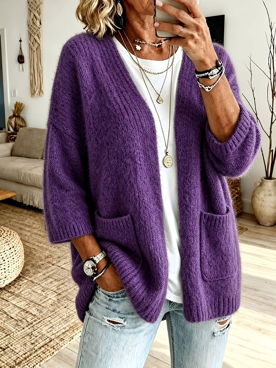 Damen Offener Longcardigan im Mohair-Look mit aufgesetzten Taschen und überschnittener Schulter Drune