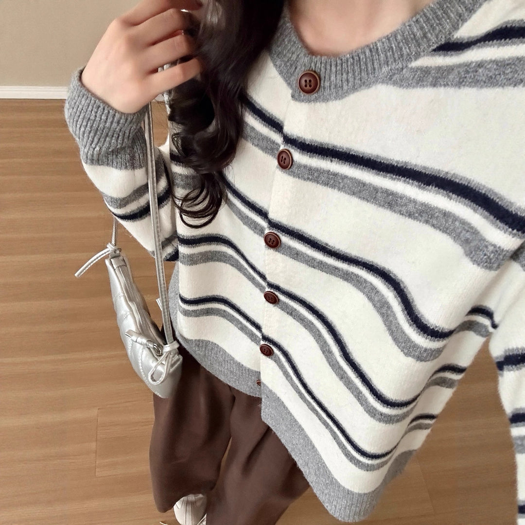 Damen modischer Knopf-Cardigan mit Streifenmuster Drune