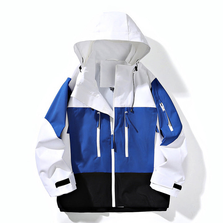 Herren Wasserabweisende Colorblock-Outdoorjacke mit Kapuze, Mehrfach-Reißverschlusstaschen und verstellbaren Bündchen Drune