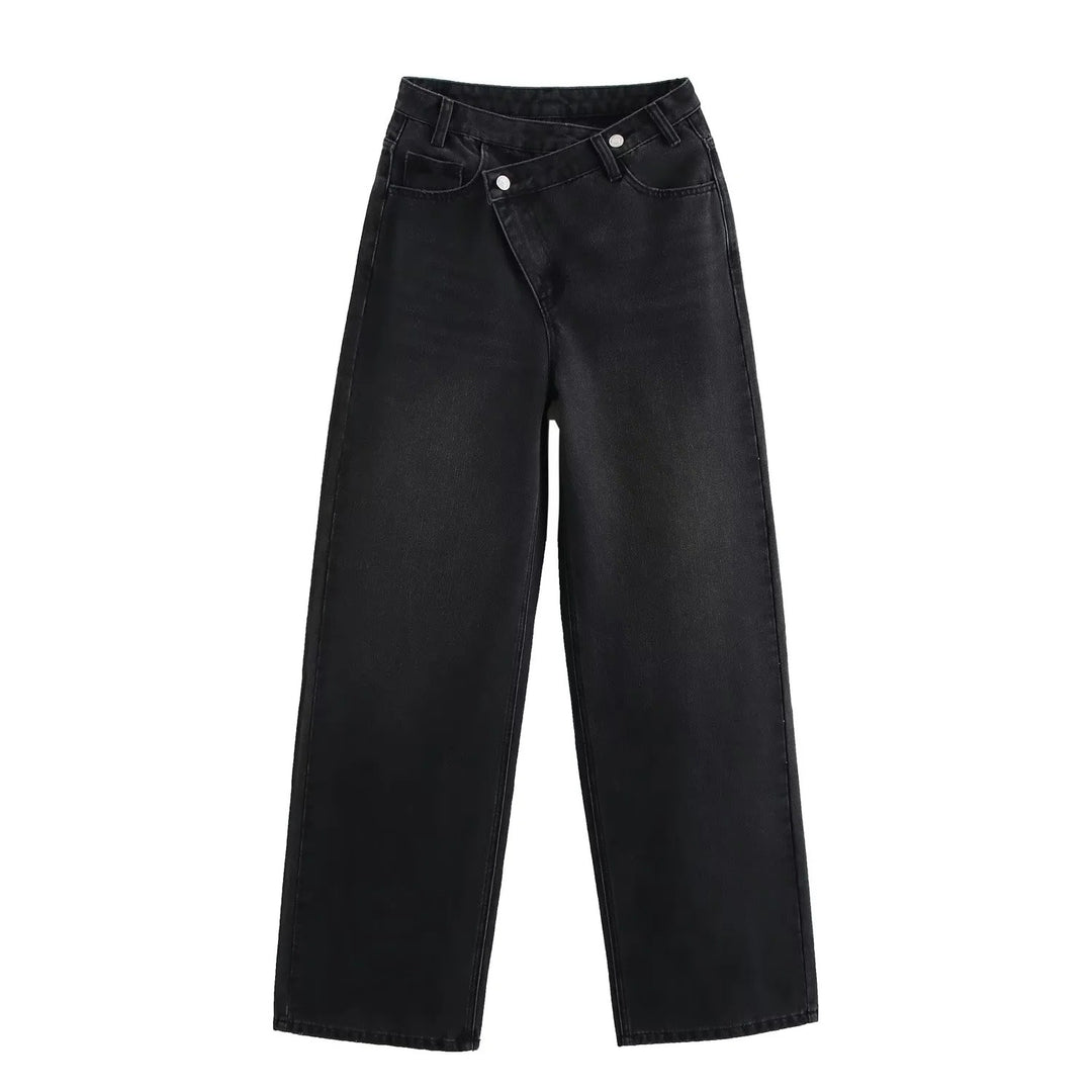 Damen 20+ weite High‑Waist Denim‑Palazzo‑Jeans mit asymmetrischem Bunddetail Drune