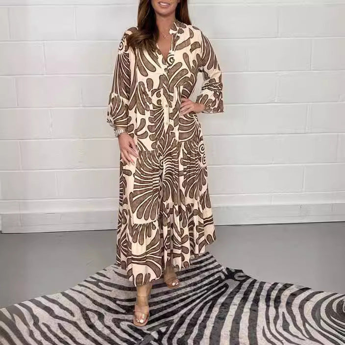 Damen Lange Stufen Kleid mit Knopfleiste und abstraktem Blattdruck Drune