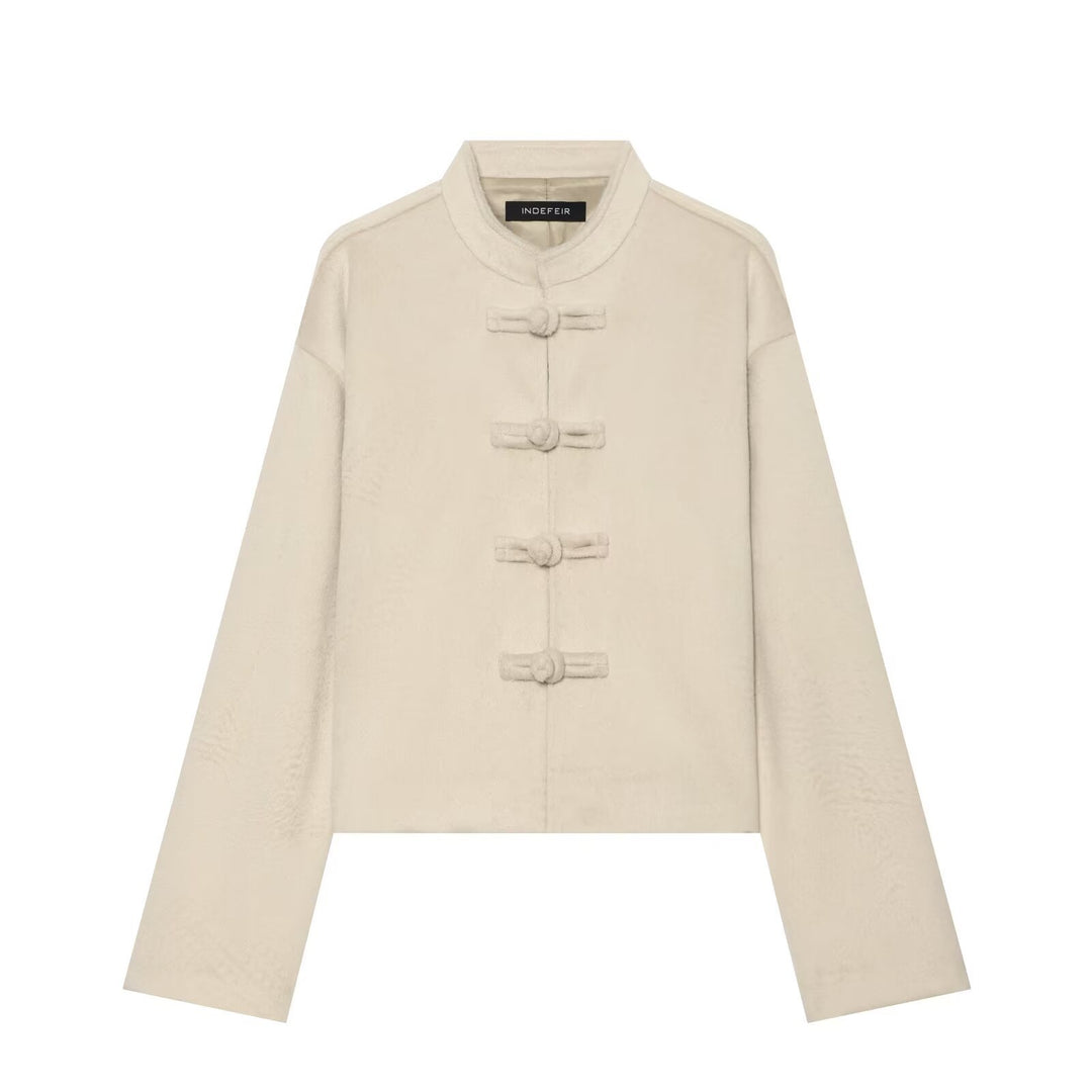 Damen Kurze Teddyjacke mit Mandarinkragen und dekorativen Knotenverschlüssen Drune