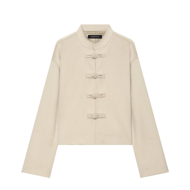 Damen Kurze Teddyjacke mit Mandarinkragen und dekorativen Knotenverschlüssen Drune
