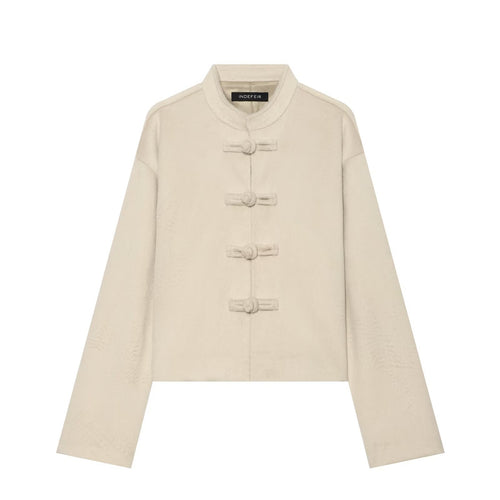Damen Kurze Teddyjacke mit Mandarinkragen und dekorativen Knotenverschlüssen Drune