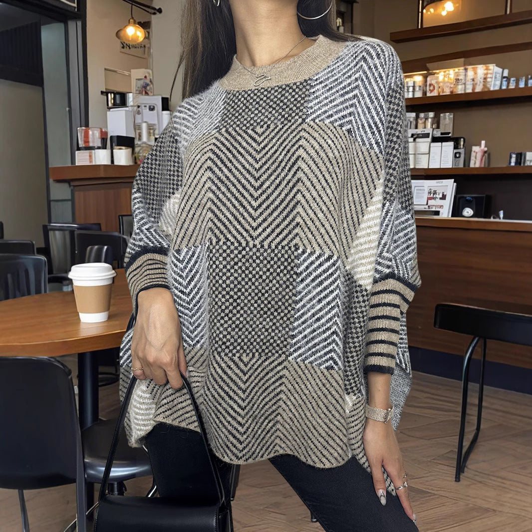 Damen asymmetrischer Strickpullover mit Zickzackmuster Drune
