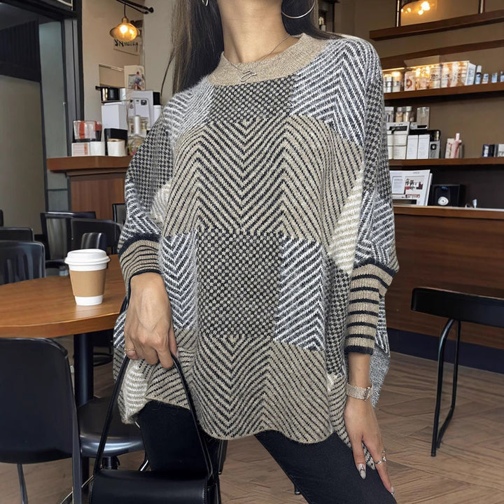Damen asymmetrischer Strickpullover mit Zickzackmuster Drune