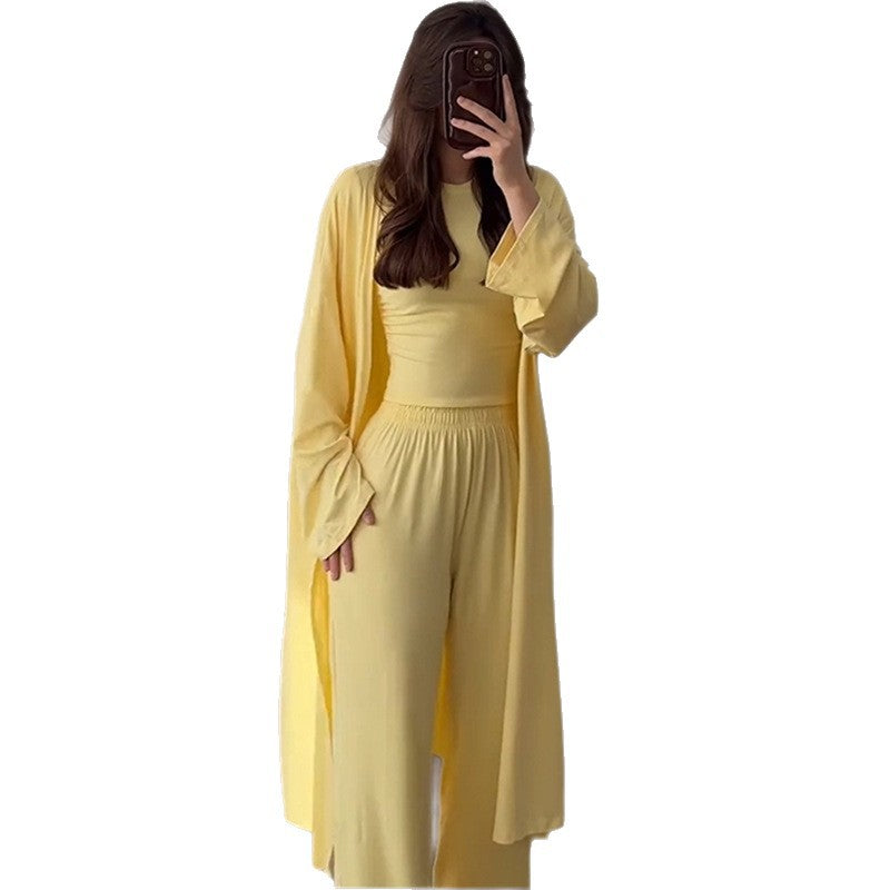 Damen Loungewear-Kombination aus langärmligem Oberteil und weiten Palazzo-Hosen Drune
