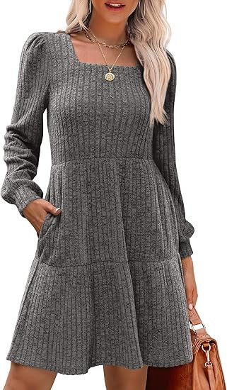 Damen Gestricktes A‑Linien‑Minikleid mit quadratischem Ausschnitt, Stufenrock und Eingrifftaschen Drune