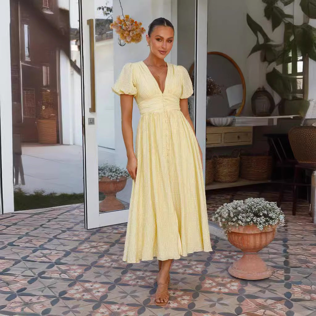 Damen Maxi-Kleid mit romantischem V-Ausschnitt und festlichem Rüschendesign Drune