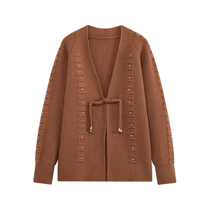 Damen Grobgestrickter Longcardigan mit Ziersteinen und Kordelbindung Drune