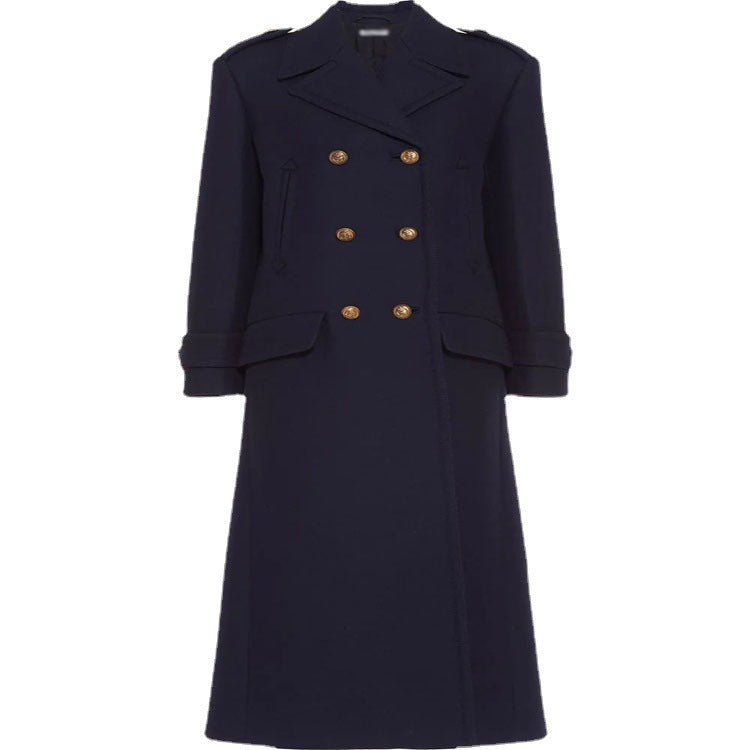 Damen Doppelreihiger militärinspirierter Maxi‑Wollmantel mit Epauletten und Zierriegeln Drune