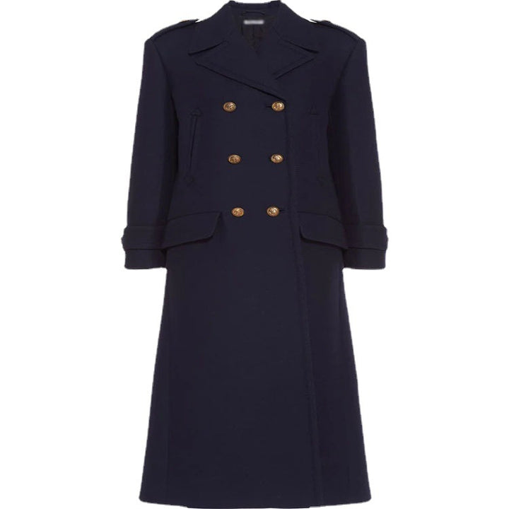 Damen Doppelreihiger militärinspirierter Maxi‑Wollmantel mit Epauletten und Zierriegeln Drune