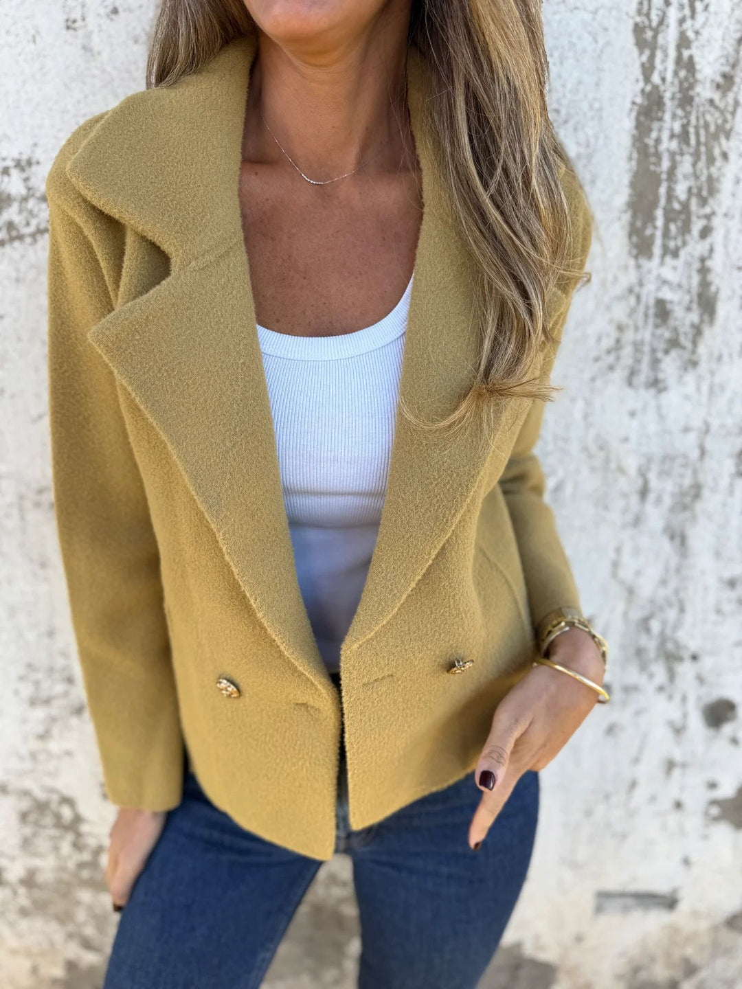 Damen modische Bouclé-Jacke mit doppelter Knopfleiste Drune