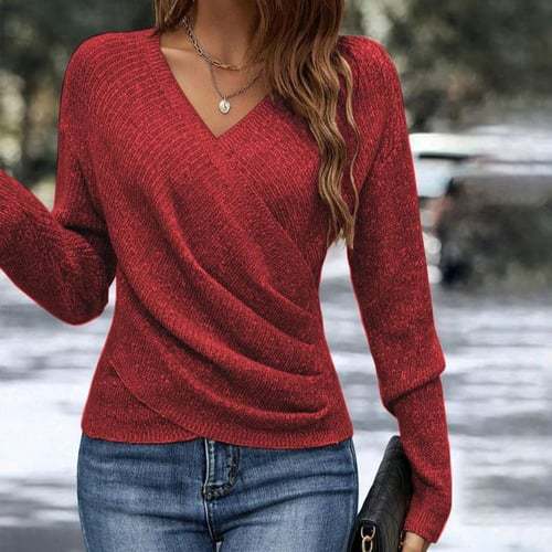 Damen nan figurbetonter Wickel-Strickpullover mit V-Ausschnitt und feiner Rippenstruktur Drune