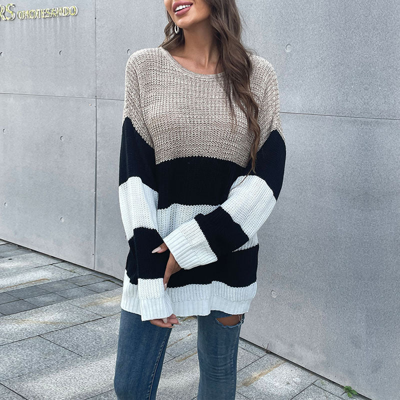Damen Oversize-Blockstreifen-Pullover aus grobem Strick mit weitem Schnitt Drune