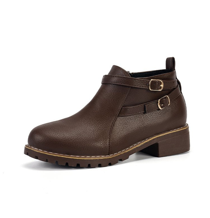 Damen nan Stiefelette mit doppelten Zierriemen, profilierter Traktorsohle und niedrigem Blockabsatz Drune