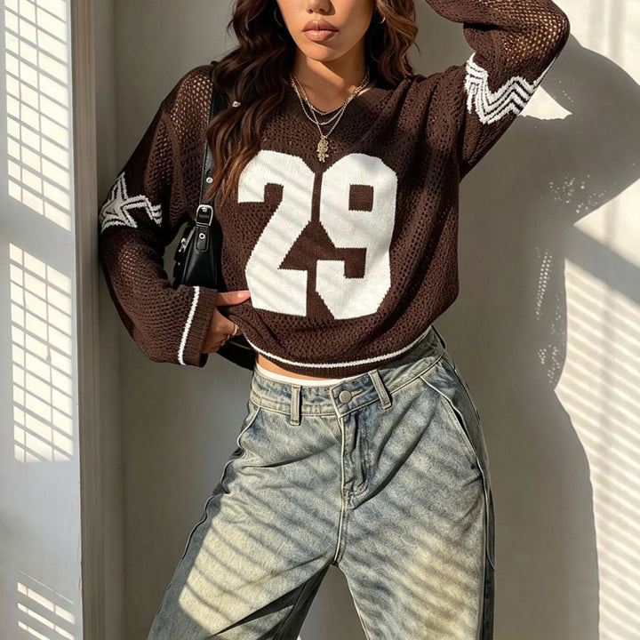 Damen Oversize Netz-Strick Cropped Pullover mit V-Ausschnitt Drune