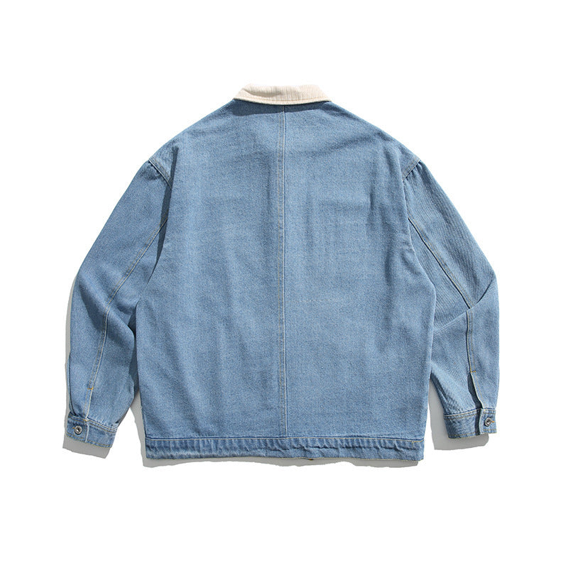 Unisex Boxy-Jeansjacke mit Cordkragen, Druckknopfleiste und Eingrifftaschen Drune