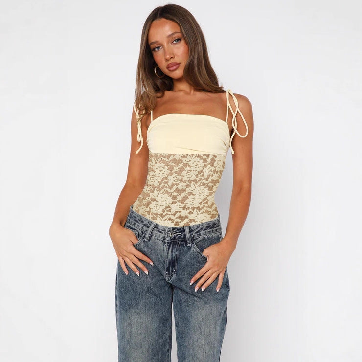 Damen Spitzen-Top mit Spaghettiträgern und verstellbarem Bindedetail Drune
