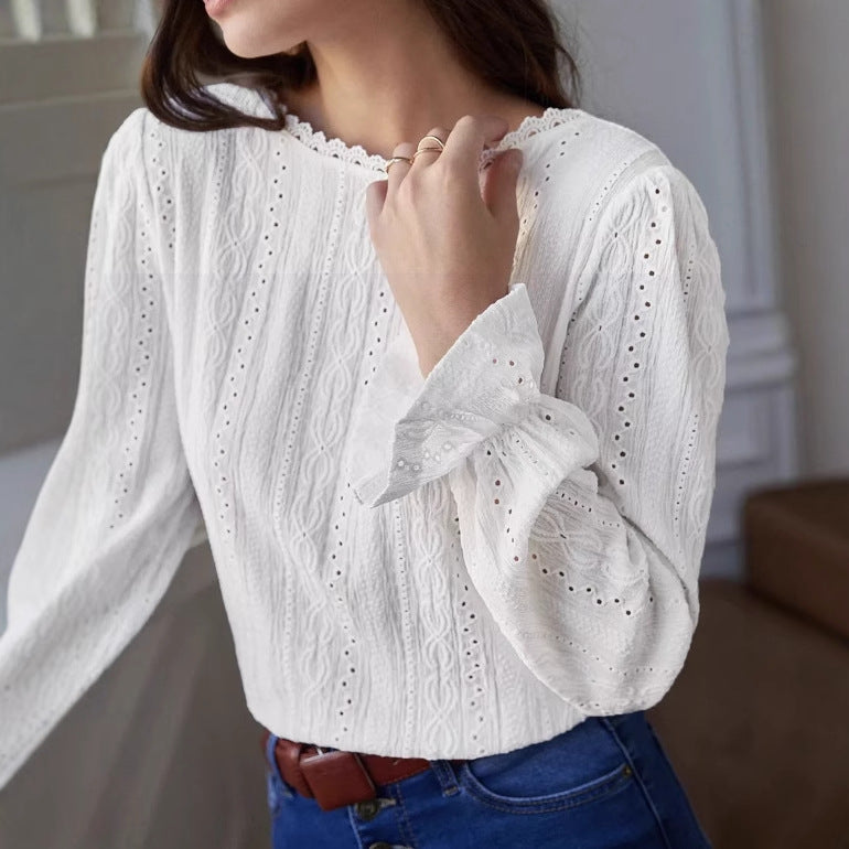 Damen elegante Bluse mit Rüschendetails und Lochstickerei Drune