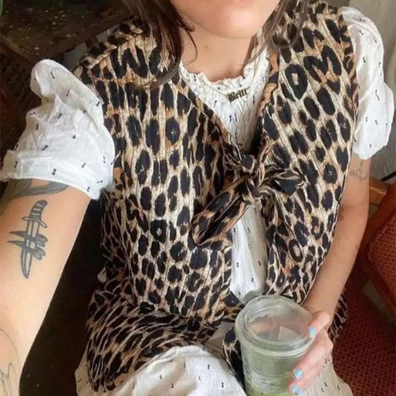 Damen Ärmellose Leoparden-Print-Weste mit Bindeschleifen und strukturierter Oberfläche Drune