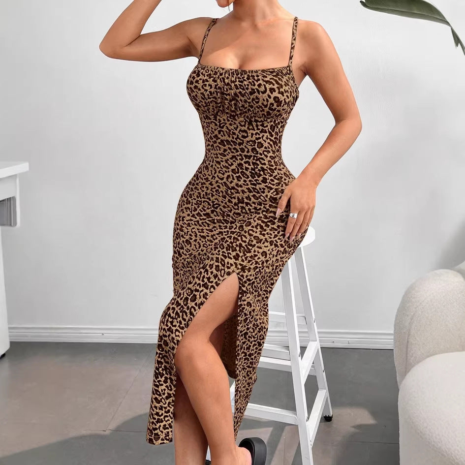Damen figurbetontes Maxikleid mit elegantem Schlitz und schmalen Spaghetti-Trägern Drune