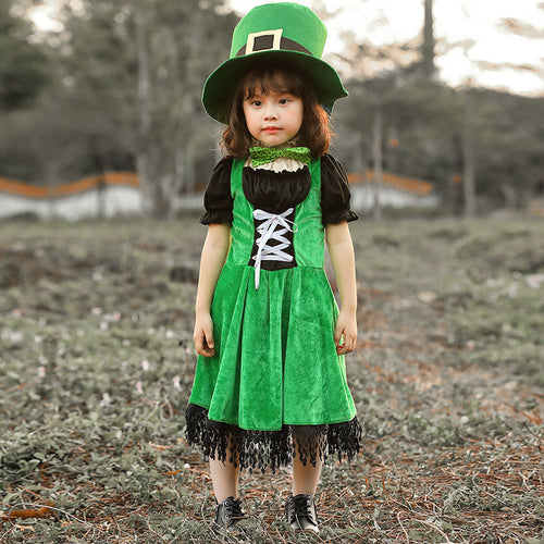 Mädchen Kostüm als irische Leprechaun mit voluminösem Rock und hohem Hut Drune