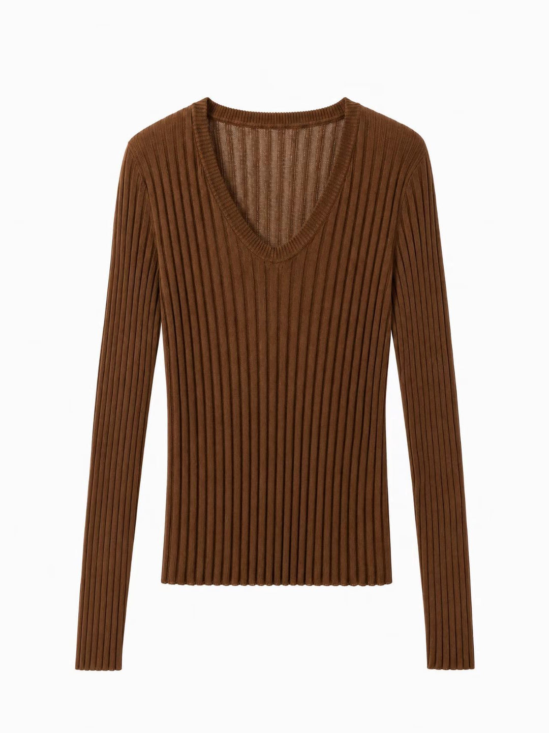 Damen Enges Feinstrick-Longsleeve mit tiefem V-Ausschnitt und breiter Rippenstruktur Drune