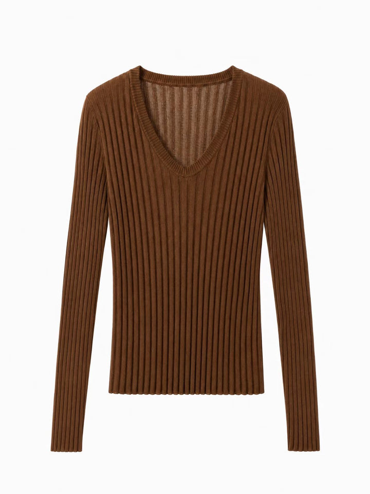 Damen Enges Feinstrick-Longsleeve mit tiefem V-Ausschnitt und breiter Rippenstruktur Drune