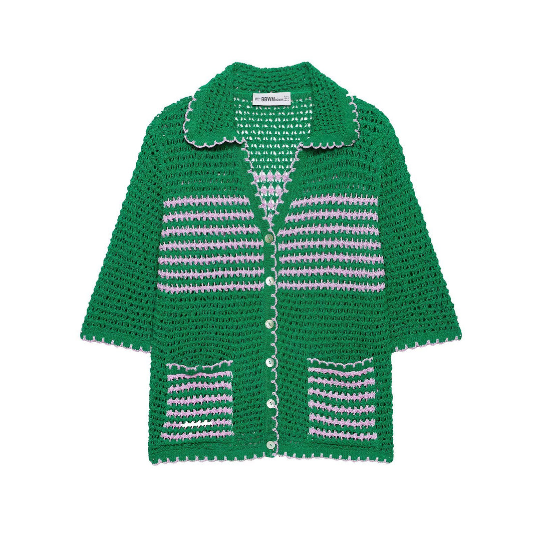 Damen Häkelstrickjacke mit kurzem Arm, Knopfleiste und Vintage-Kragen Drune