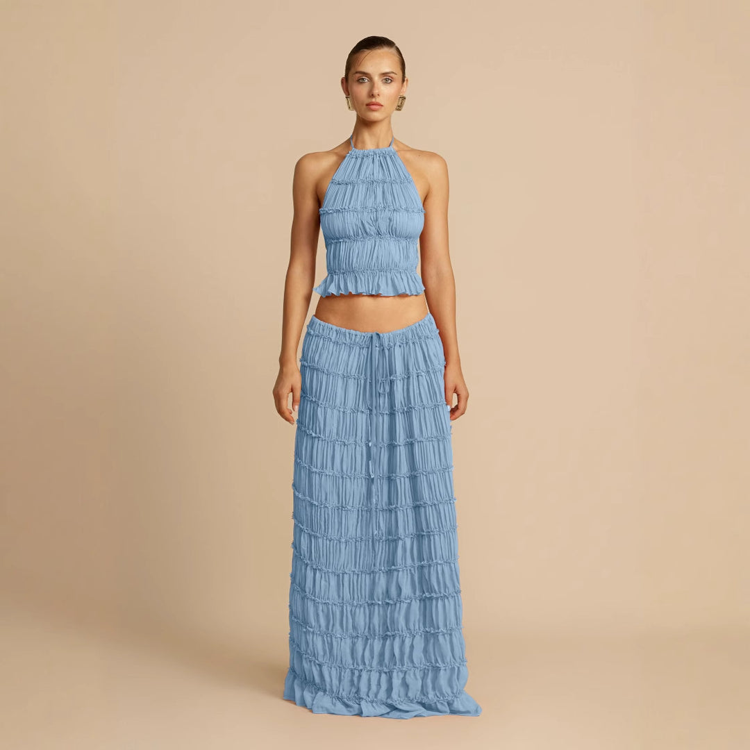 Damen Elegantes und verspieltes Zweiteiliges Sommerkleid mit gerafftem Oberteil und fließendem Rock Drune